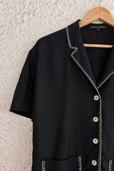Typhan Premium Women's Beige Linen Blend Mandarin Collar Half Sleeve Button-Down Casual Shirt with Abstract Black Circle Print | Relaxed Fit Minimalist Office Wear Summer Top