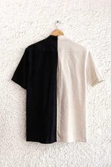 Typhan Premium Women's Black & Beige Color Block Zip-Up Linen Blend Half Sleeve Casual Shirt | Abstract Circle Design Mandarin Collar Relaxed Fit Designer Summer Office Wear Top