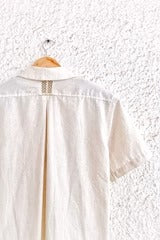 Typhan Premium Women's Beige Embroidered Linen Blend Half Sleeve Button-Down Casual Shirt with Vertical Lace Panels | Relaxed Fit Designer Office Wear Summer Top