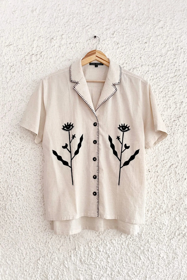 Typhan Premium Women's Beige Embroidered Floral Art Half Sleeve Button-Down Casual Linen Blend Shirt | Elegant Designer Relaxed Fit Collared Summer Office Wear Top