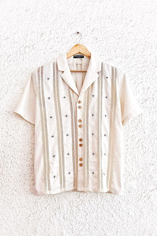 Typhan Premium Women's Beige Embroidered Linen Blend Half Sleeve Button-Down Casual Shirt with Vertical Lace Panels | Relaxed Fit Designer Office Wear Summer Top