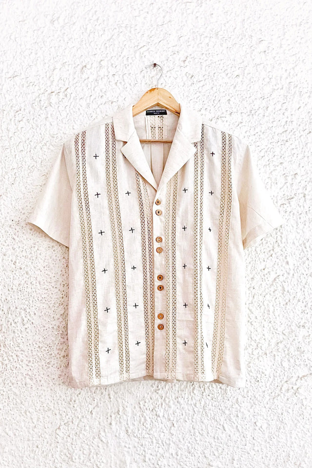 Typhan Premium Women's Beige Embroidered Linen Blend Half Sleeve Button-Down Casual Shirt with Vertical Lace Panels | Relaxed Fit Designer Office Wear Summer Top