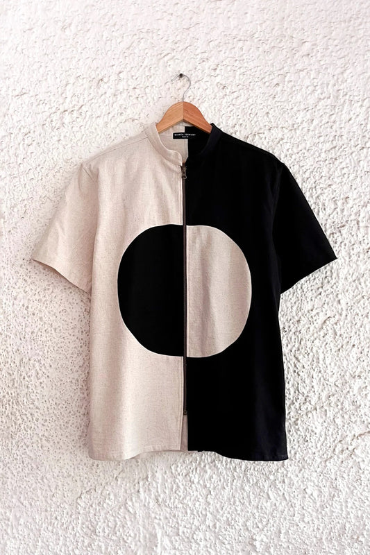 Typhan Premium Women's Black & Beige Color Block Zip-Up Linen Blend Half Sleeve Casual Shirt | Abstract Circle Design Mandarin Collar Relaxed Fit Designer Summer Office Wear Top