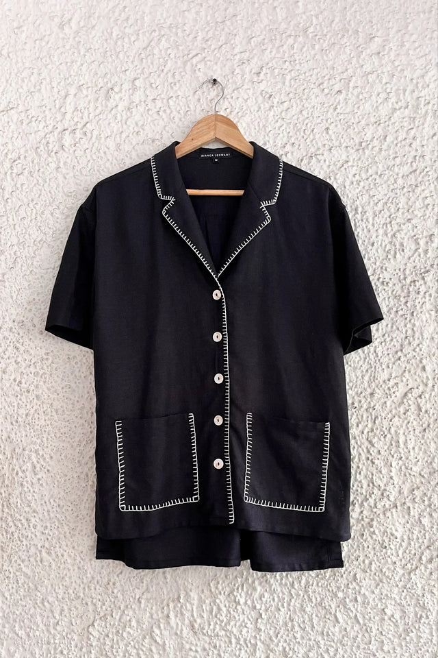 Typhan Premium Women's Black Linen Blend Half Sleeve Button-Down Casual Shirt with Contrast Stitch Detail & Dual Front Pockets | Elegant Relaxed Fit Office Wear Summer Top