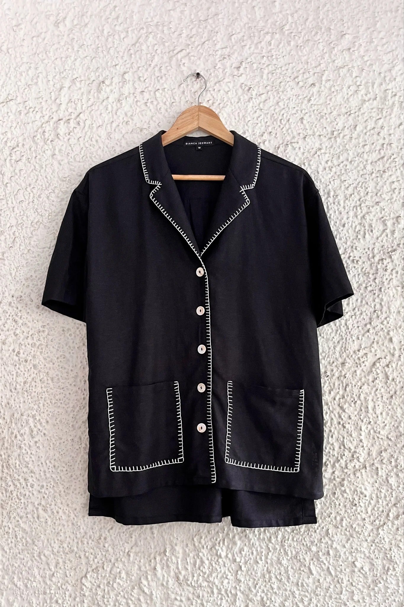 Typhan Premium Women's Beige Linen Blend Mandarin Collar Half Sleeve Button-Down Casual Shirt with Abstract Black Circle Print | Relaxed Fit Minimalist Office Wear Summer Top