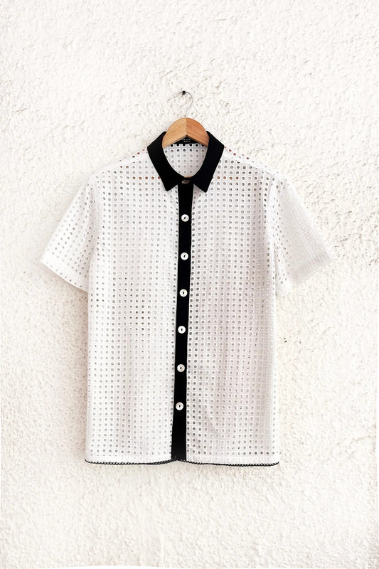 Typhan Premium Women's White Eyelet Embroidered Half Sleeve Button-Down Casual Shirt with Black Contrast Collar | Relaxed Fit Breathable Summer Office Wear Designer Top
