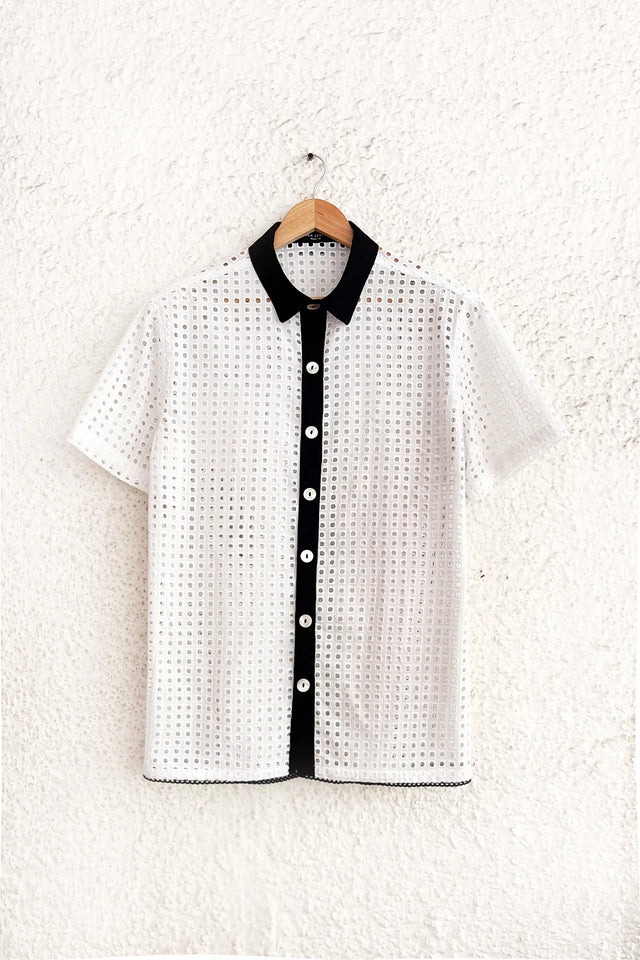 Typhan Premium Women's White Eyelet Embroidered Half Sleeve Button-Down Casual Shirt with Black Contrast Collar | Relaxed Fit Breathable Summer Office Wear Designer Top
