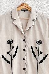 Typhan Premium Women's Beige Embroidered Floral Art Half Sleeve Button-Down Casual Linen Blend Shirt | Elegant Designer Relaxed Fit Collared Summer Office Wear Top