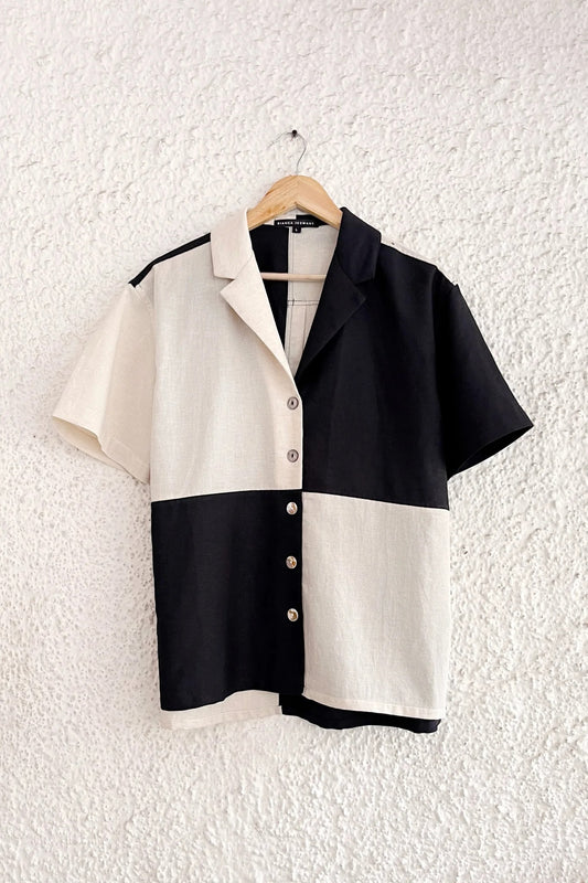 Typhan Premium Women's Black & Beige Color Block Half Sleeve Button-Down Casual Linen Blend Shirt | Elegant Oversized Summer Office Wear Collared Top for Women