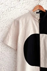 Typhan Premium Women's Black & Beige Color Block Zip-Up Linen Blend Half Sleeve Casual Shirt | Abstract Circle Design Mandarin Collar Relaxed Fit Designer Summer Office Wear Top