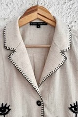 Typhan Premium Women's Beige Embroidered Floral Art Half Sleeve Button-Down Casual Linen Blend Shirt | Elegant Designer Relaxed Fit Collared Summer Office Wear Top