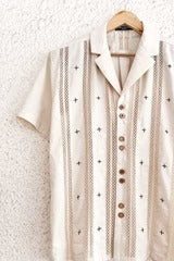 Typhan Premium Women's Beige Embroidered Linen Blend Half Sleeve Button-Down Casual Shirt with Vertical Lace Panels | Relaxed Fit Designer Office Wear Summer Top