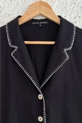 Typhan Premium Women's Black Linen Blend Half Sleeve Button-Down Casual Shirt with Contrast Stitch Detail & Dual Front Pockets | Elegant Relaxed Fit Office Wear Summer Top